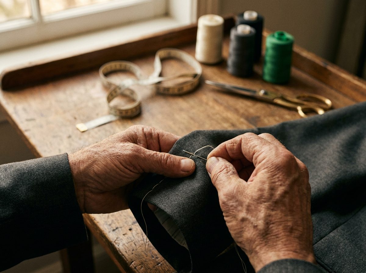 Weathered hands of an experienced tailor hand-stitching a charcoal wool jacket at a wooden bench, with brass shears, a fabric tape measure, and thread spools (including a deep emerald green one) visible in the warm afternoon light